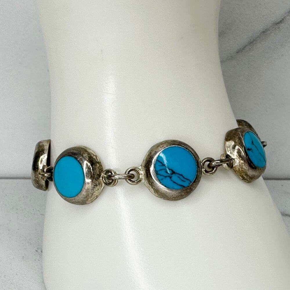 Vintage Mexico Blue Faux Turquoise Round Cabochon Link Toggle Chain Bracelet ✨
